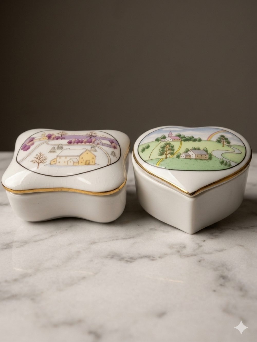 Japan Vintage Porcelain Trinket Box Set Winter Scene & Meadow Gold Trim Keepsake